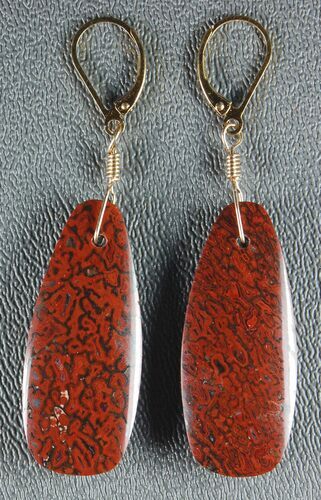 Large, Red Agatized Dinosaur Gembone Earrings #33826